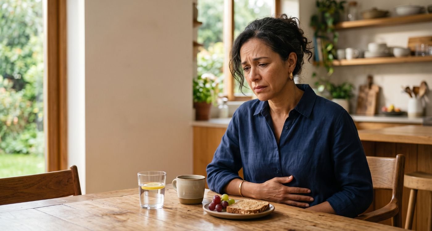 Mulher com enjoo na perimenopausa sentada à mesa e levando a mão ao abdômen.