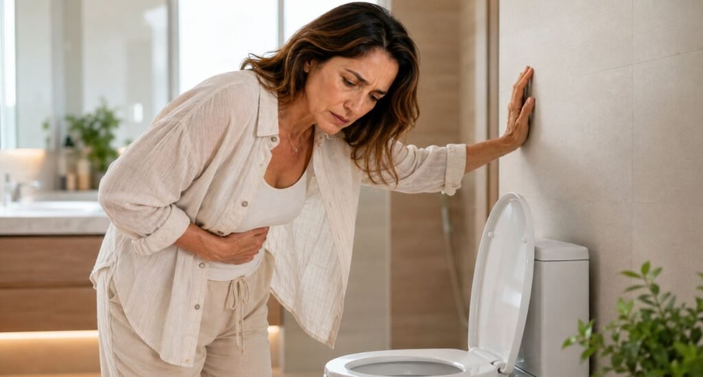 mulher 45+ com enjoo na perimenopausa prostrada acima do vaso
