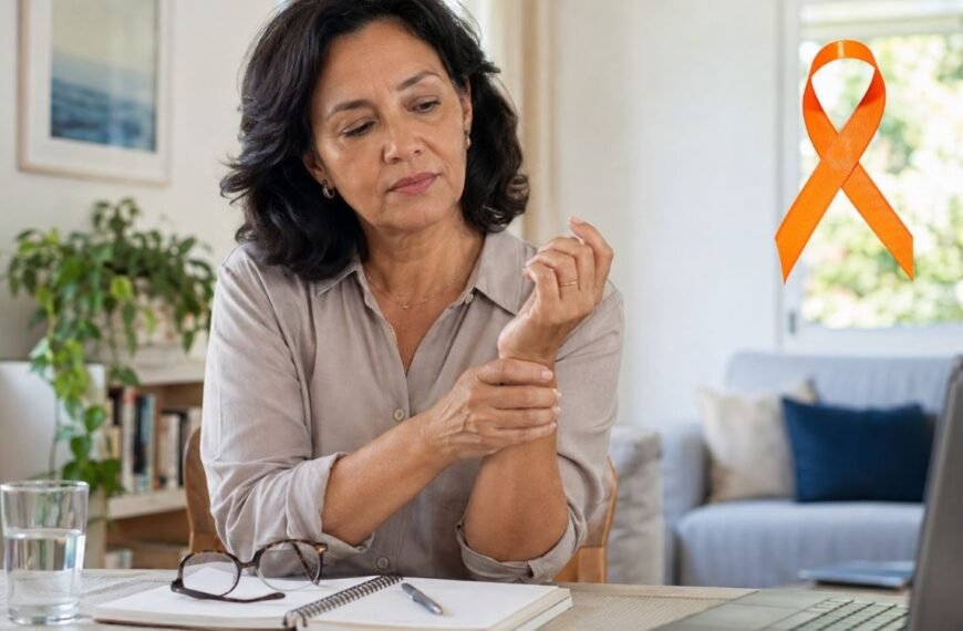 Mulher adulta em contexto cotidiano representando conscientização sobre esclerose múltipla e seus sintomas neurológicos.