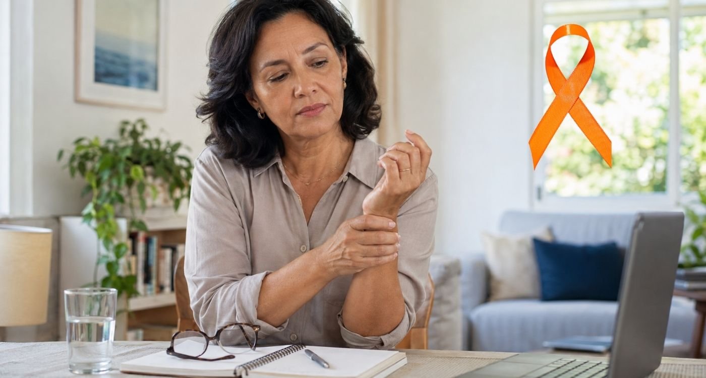 Mulher adulta em contexto cotidiano representando conscientização sobre esclerose múltipla e seus sintomas neurológicos.
