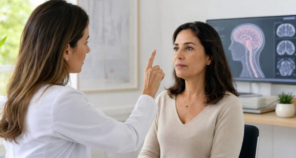 Mulher conversando com profissional de saúde durante investigação de sintomas de esclerose múltipla.
