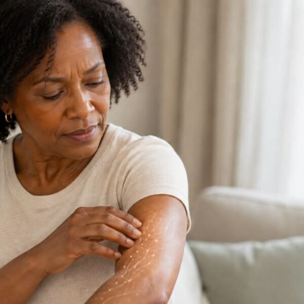 Mulher percebendo formicação na menopausa e sensação de insetos andando na pele do braço.