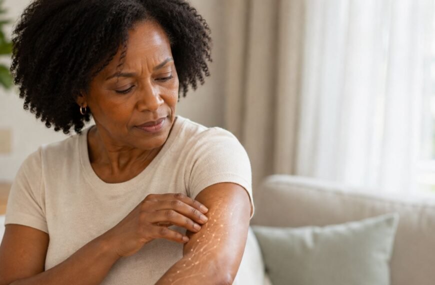 Mulher percebendo formicação na menopausa e sensação de insetos andando na pele do braço.