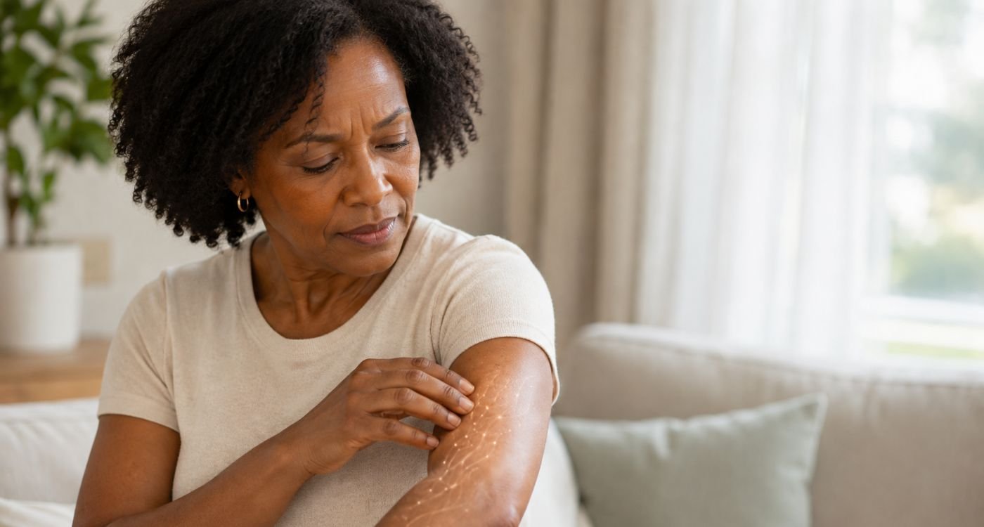 Mulher percebendo formicação na menopausa e sensação de insetos andando na pele do braço.