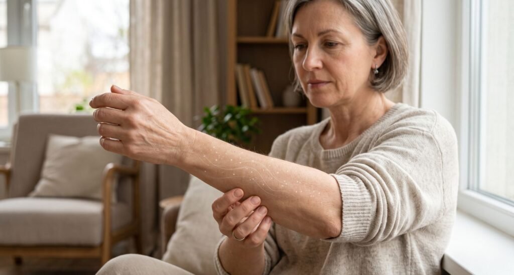 o: Mulher observando o braço enquanto sente formicação na menopausa e sensação de rastejamento sobre a pele.