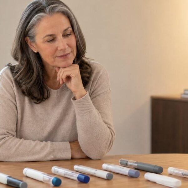 Mulher 50+ pesquisando sobre GLP-1 e terapia hormonal durante a menopausa