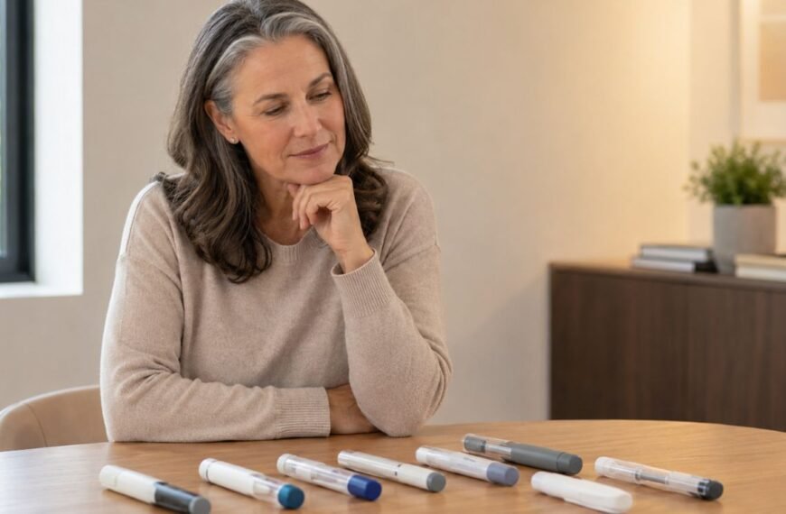 Mulher 50+ pesquisando sobre GLP-1 e terapia hormonal durante a menopausa