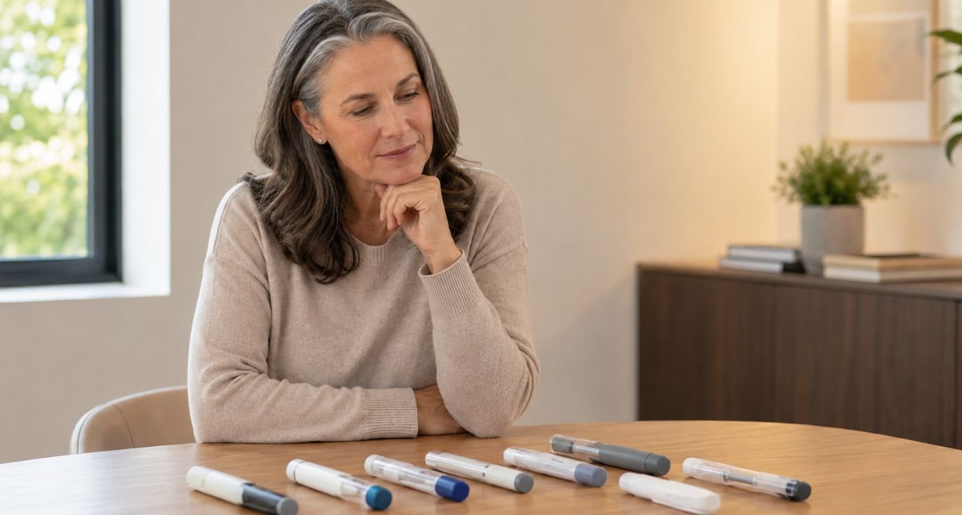 Mulher 50+ pesquisando sobre GLP-1 e terapia hormonal durante a menopausa