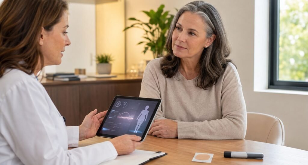 Consulta médica sobre GLP-1 e terapia hormonal na pós-menopausa