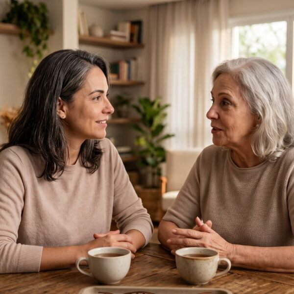 Mãe e filha adultas conversando juntas sobre genética na menopausa, histórico familiar e sintomas do climatério
