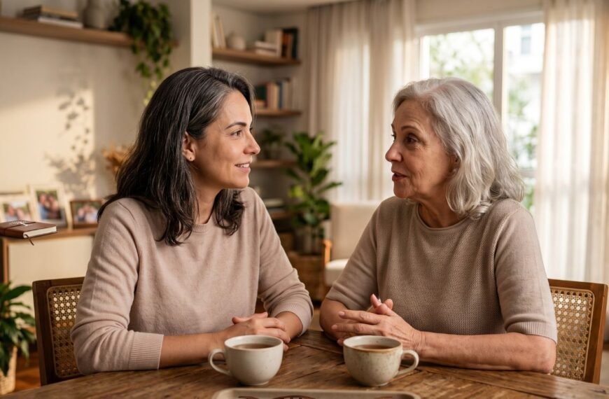 Mãe e filha adultas conversando juntas sobre genética na menopausa, histórico familiar e sintomas do climatério