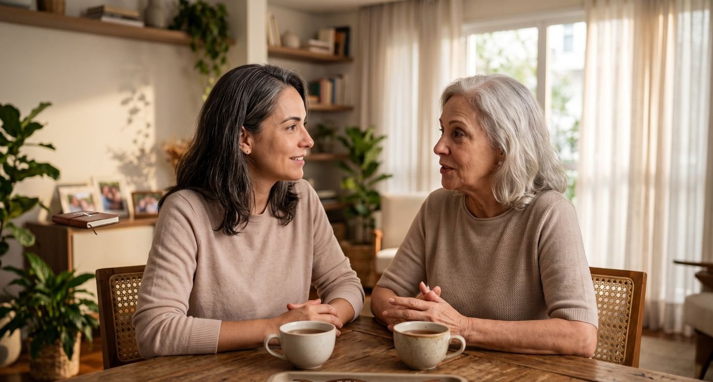Mãe e filha adultas conversando juntas sobre genética na menopausa, histórico familiar e sintomas do climatério