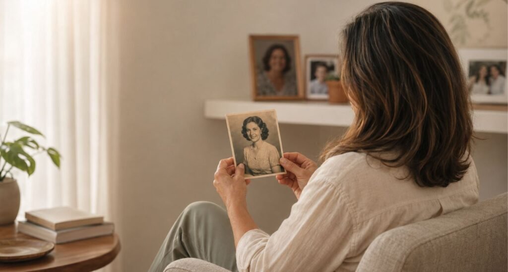 Mulher 50+ observando fotografia da mãe e refletindo sobre genética na menopausa e histórico familiar.