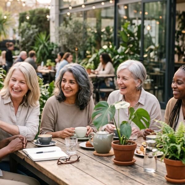 Grupos de mulheres na menopausa reunidas em momento de amizade, convivência e apoio.