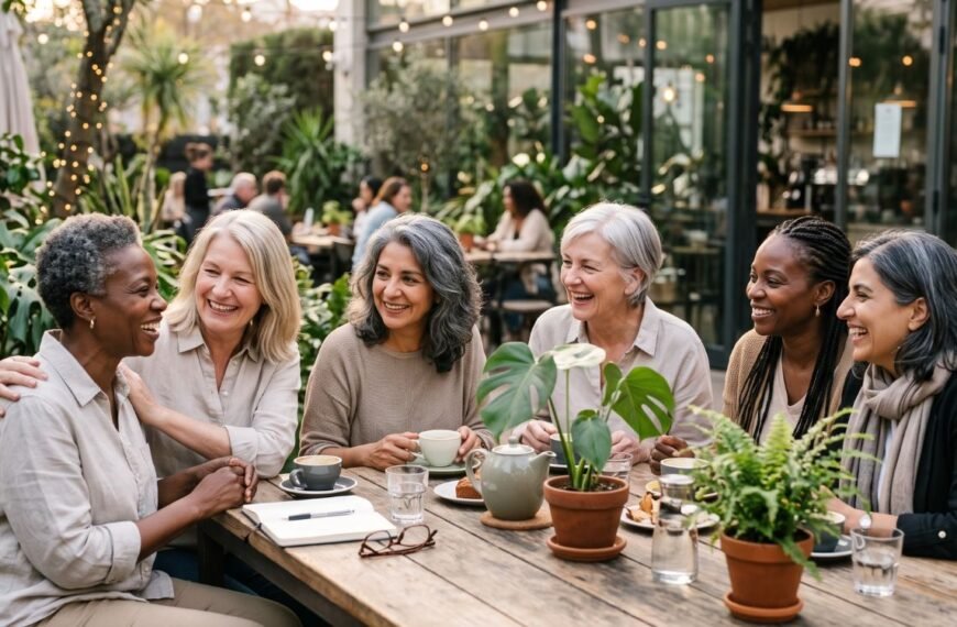 Grupos de mulheres na menopausa reunidas em momento de amizade, convivência e apoio.