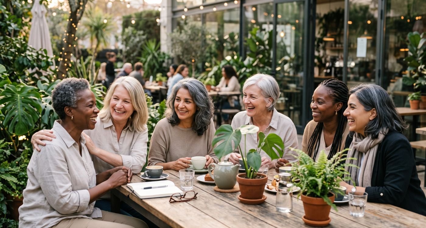 Grupos de mulheres na menopausa reunidas em momento de amizade, convivência e apoio.