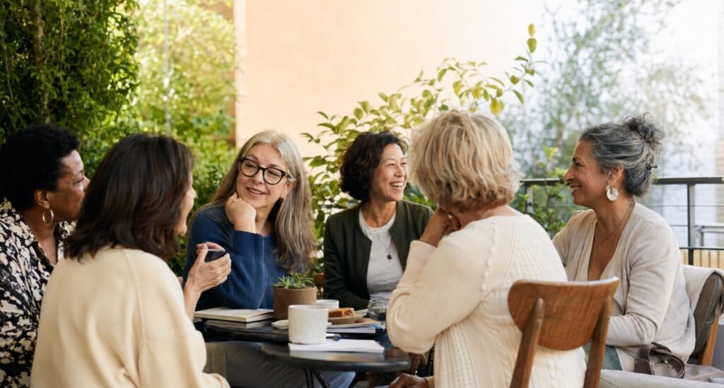 Grupos de mulheres na menopausa participando juntas de atividade e criando novas conexões.
