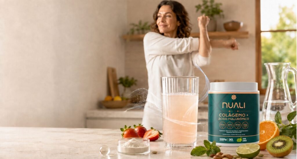 Colágeno para mulheres 35+ com ácido hialurônico, vitaminas, minerais, frutas e hábitos saudáveis.