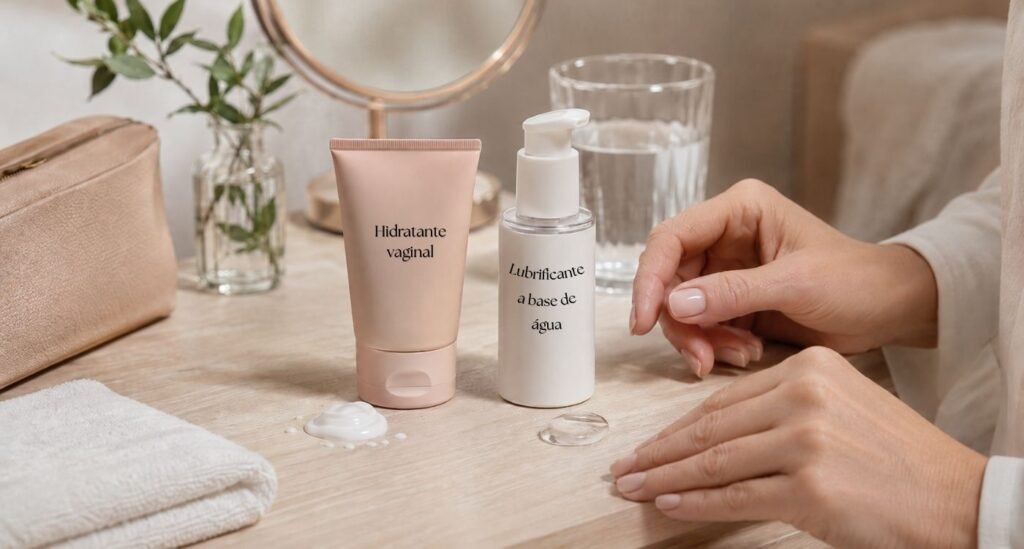 Hidratante vaginal ou lubrificante em bancada de autocuidado, representando as diferenças entre os produtos para mulheres na menopausa.
