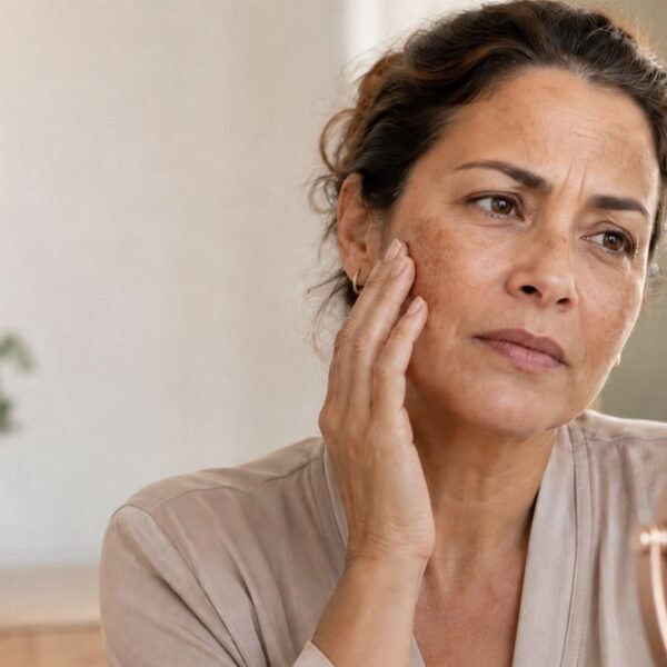 Mulher madura observa manchas de melasma na menopausa diante do espelho durante sua rotina de cuidados com a pele.