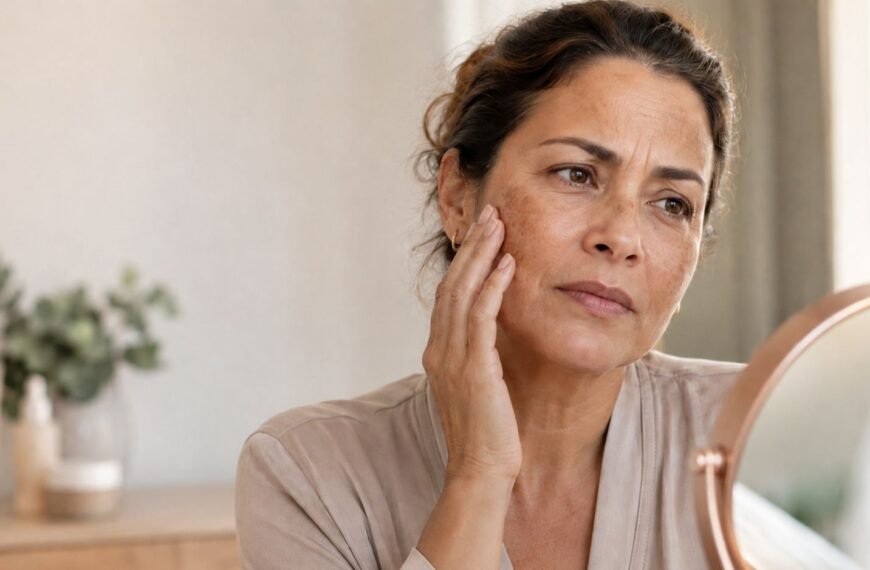 Mulher madura observa manchas de melasma na menopausa diante do espelho durante sua rotina de cuidados com a pele.