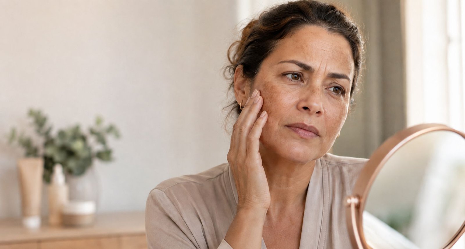 Mulher madura observa manchas de melasma na menopausa diante do espelho durante sua rotina de cuidados com a pele.