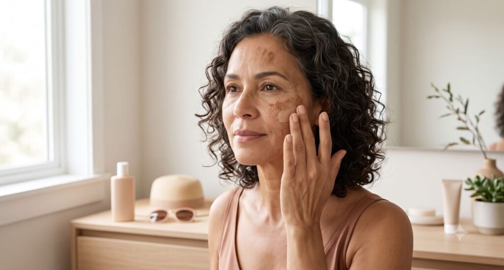Mulher madura aplica fotoproteção para prevenir a piora do melasma na menopausa durante sua rotina de cuidados com a pele.