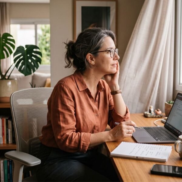 Mulher trabalhando em casa representa os benefícios e desafios da menopausa e home office.