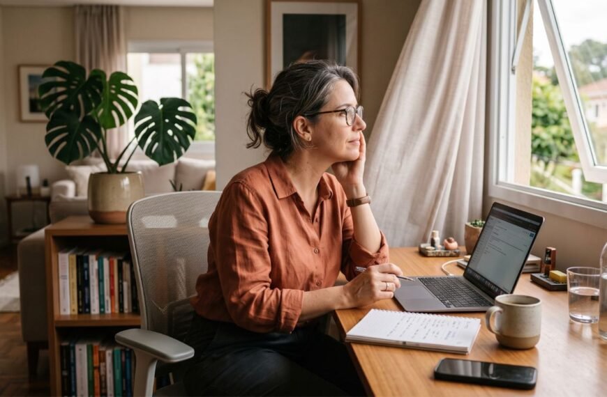 Mulher trabalhando em casa representa os benefícios e desafios da menopausa e home office.
