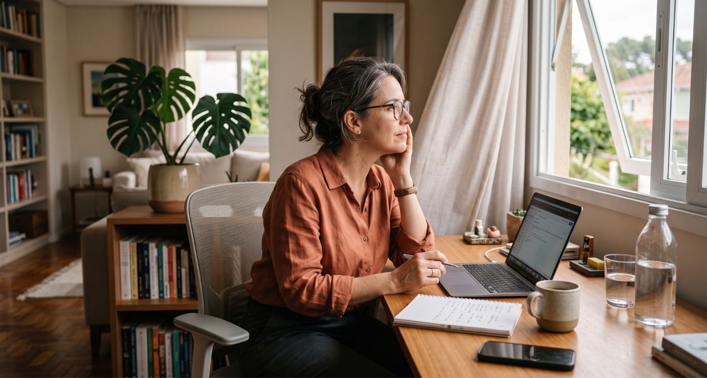 Mulher trabalhando em casa representa os benefícios e desafios da menopausa e home office.