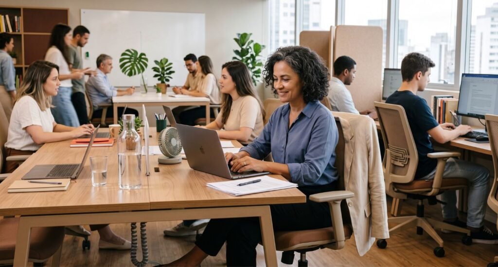 Mulher na menopausa trabalhando em escritório com colegas ao redor, representando interação social e rotina profissional de menopausa e home office