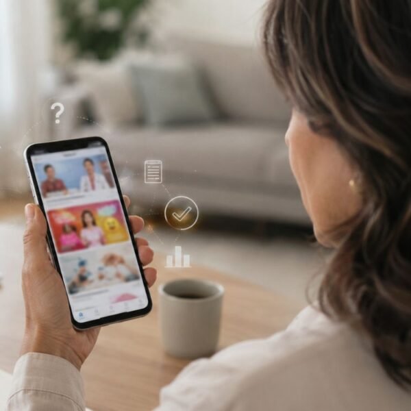 Mulher 40+ avaliando informações sobre menopausa nas redes sociais pelo celular com atenção e senso crítico.