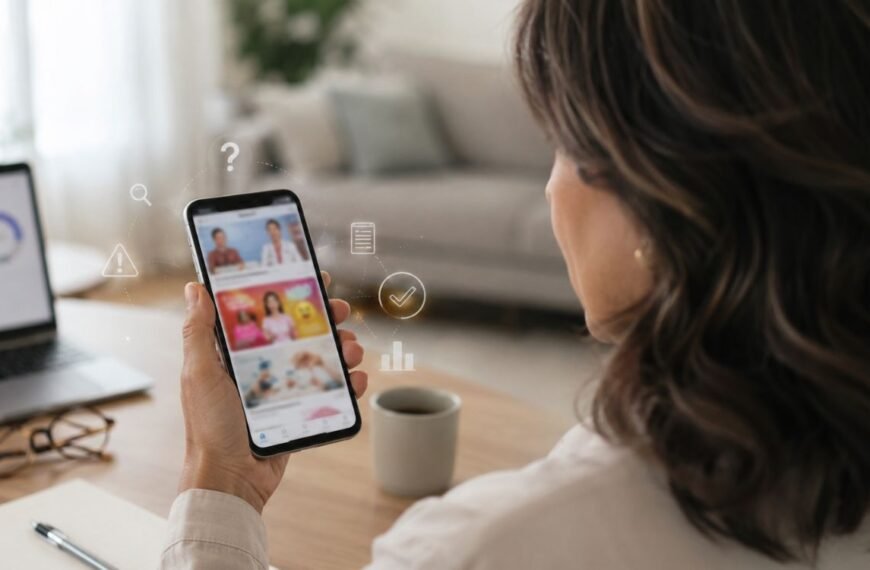 Mulher 40+ avaliando informações sobre menopausa nas redes sociais pelo celular com atenção e senso crítico.