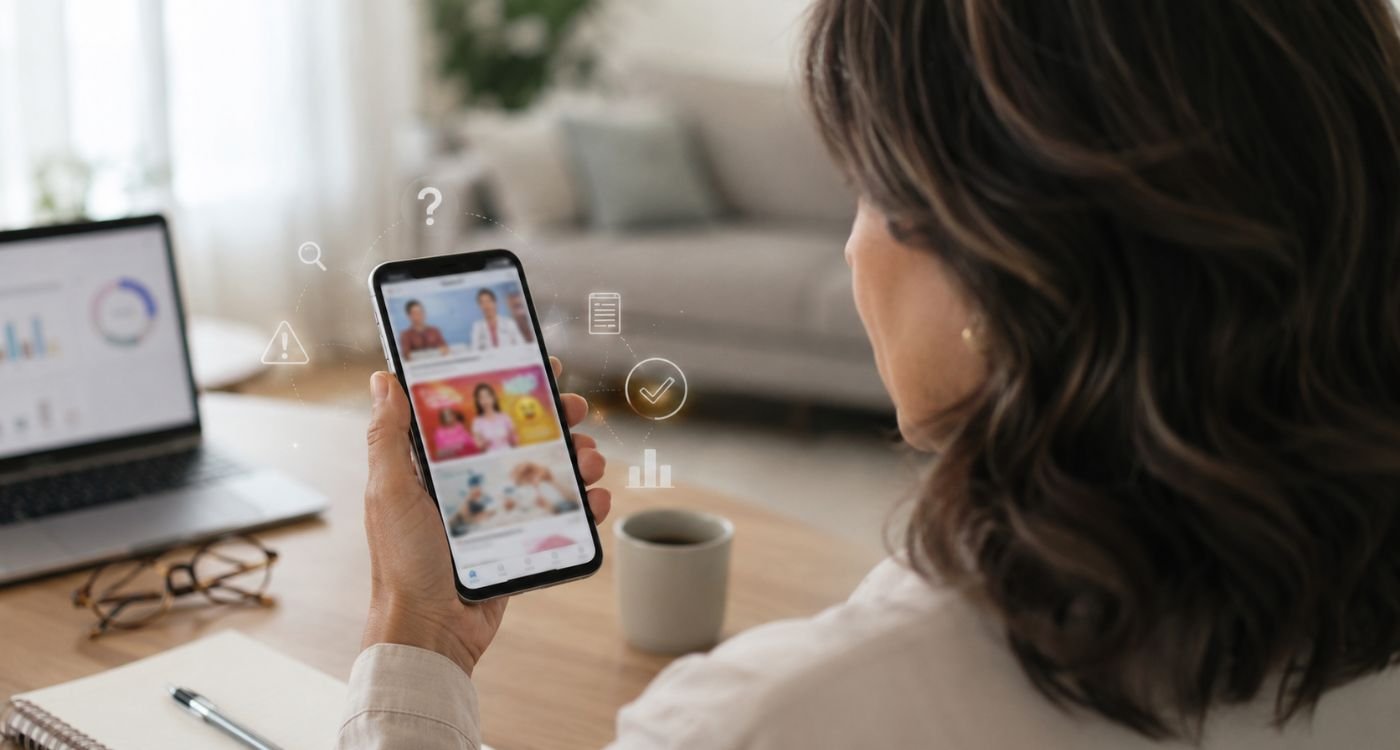 Mulher 40+ avaliando informações sobre menopausa nas redes sociais pelo celular com atenção e senso crítico.