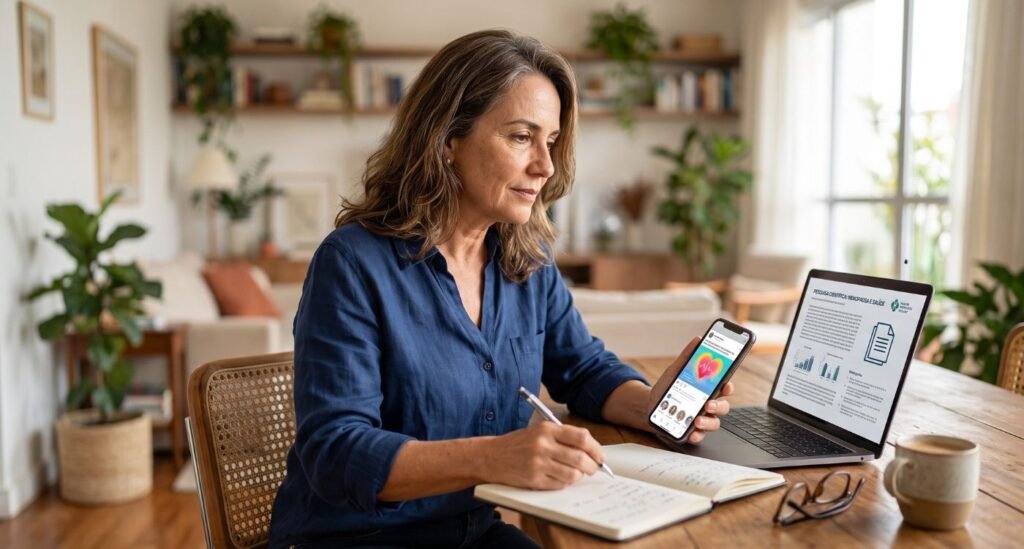 Mulher pesquisando fontes confiáveis para verificar uma informação sobre menopausa nas redes antes de compartilhá-la.