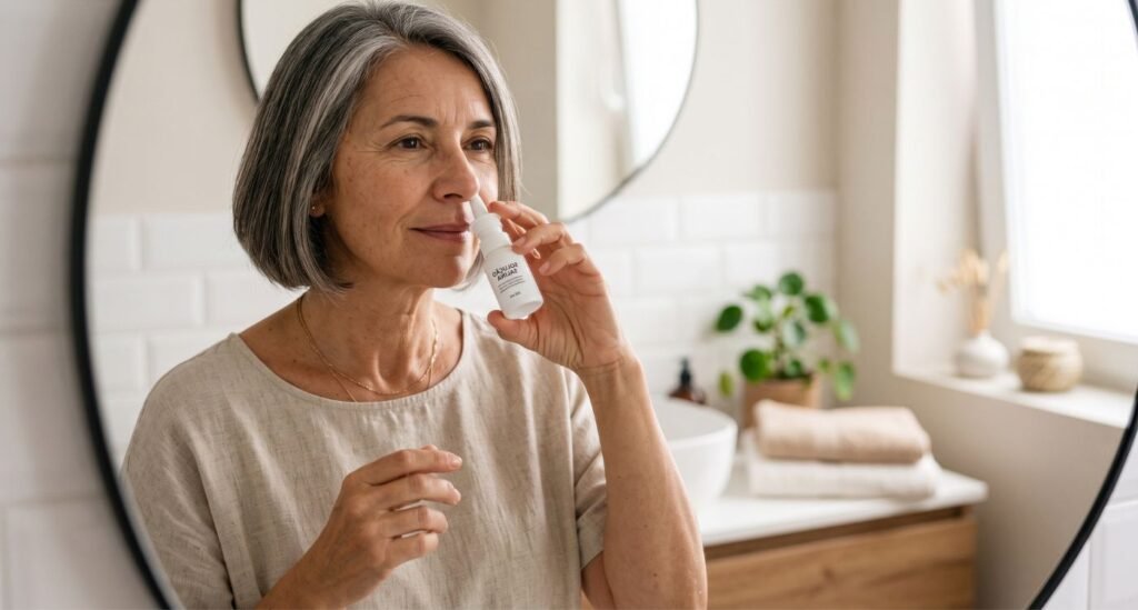 Mulher 50+ usando solução salina para aliviar o nariz seco na menopausa.