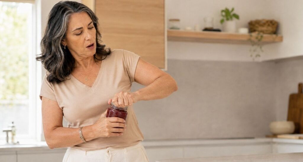 Mulher tentando abrir um pote de geléia e percebendo que não consegue, que representa a perda de força na menopausa.