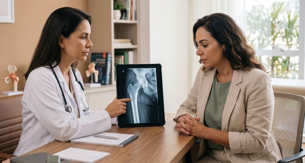 Mulher de 45 anos observa raio X do fêmur com sua médica em consulta sobre perda óssea na menopausa.
