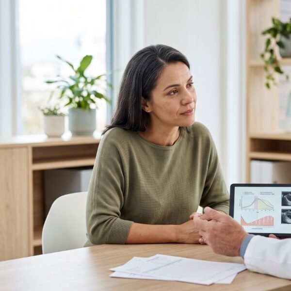 Mulher em consulta sobre perimenopausa e infertilidade após os 40.