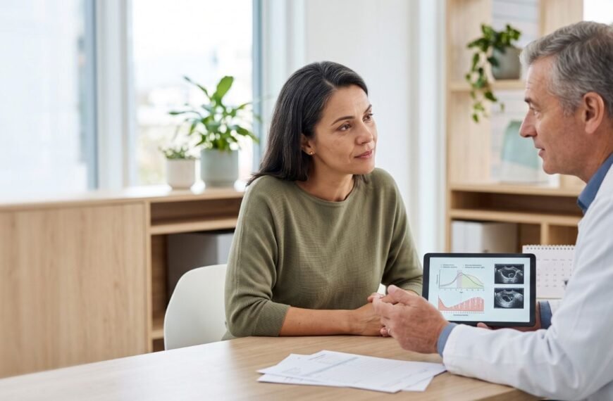Mulher em consulta sobre perimenopausa e infertilidade após os 40.