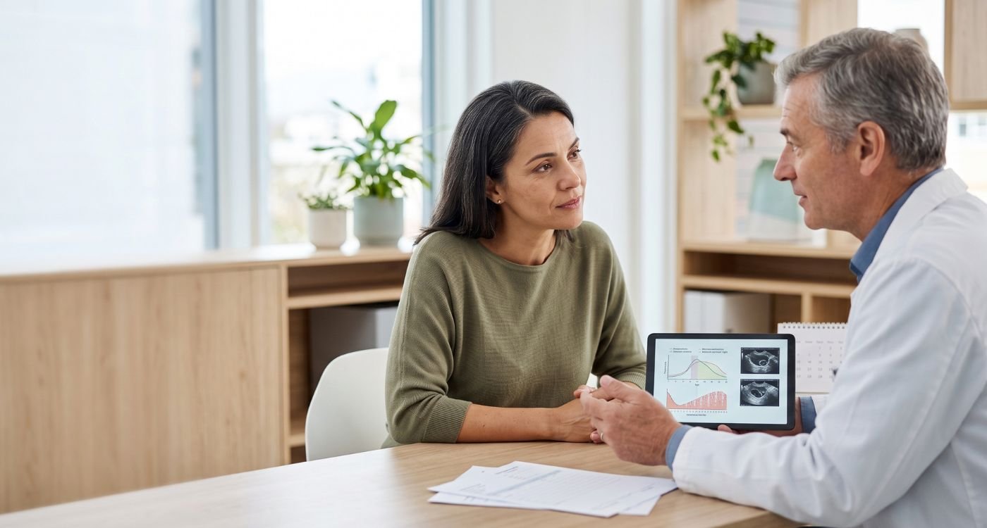 Mulher em consulta sobre perimenopausa e infertilidade após os 40.
