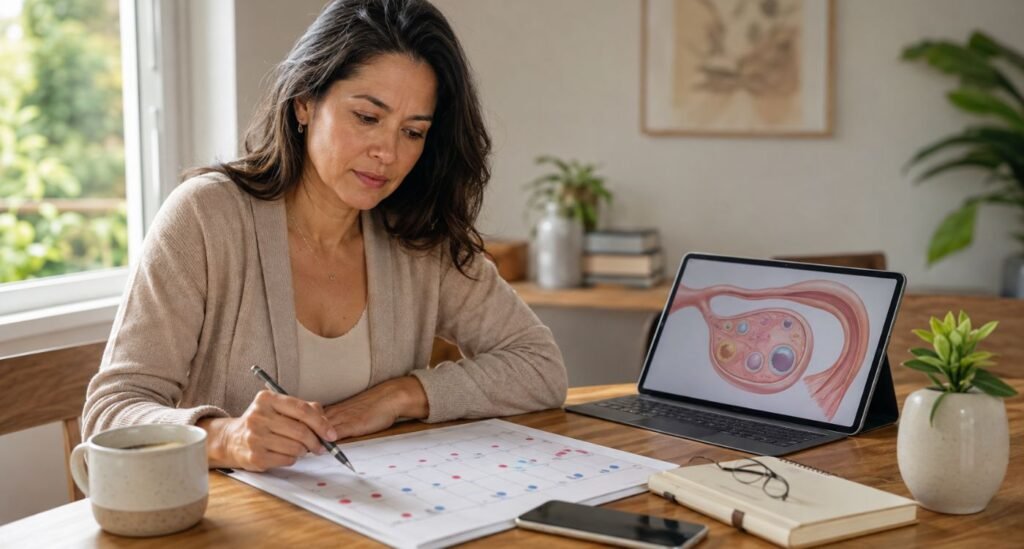 mulher 40+ avaliando o seu calendário menstrual e na dúvida sobre perimenopausa e infertilidade