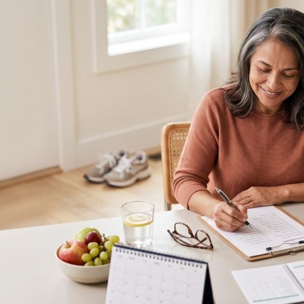 Mulher revisando um checklist de saúde da mulher após os 40 em um ambiente acolhedor.