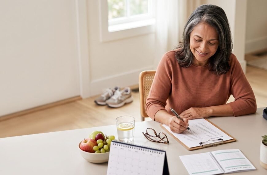 Mulher revisando um checklist de saúde da mulher após os 40 em um ambiente acolhedor.