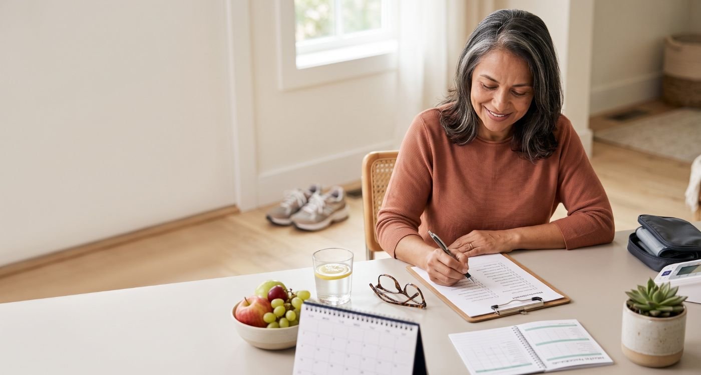 Mulher revisando um checklist de saúde da mulher após os 40 em um ambiente acolhedor.