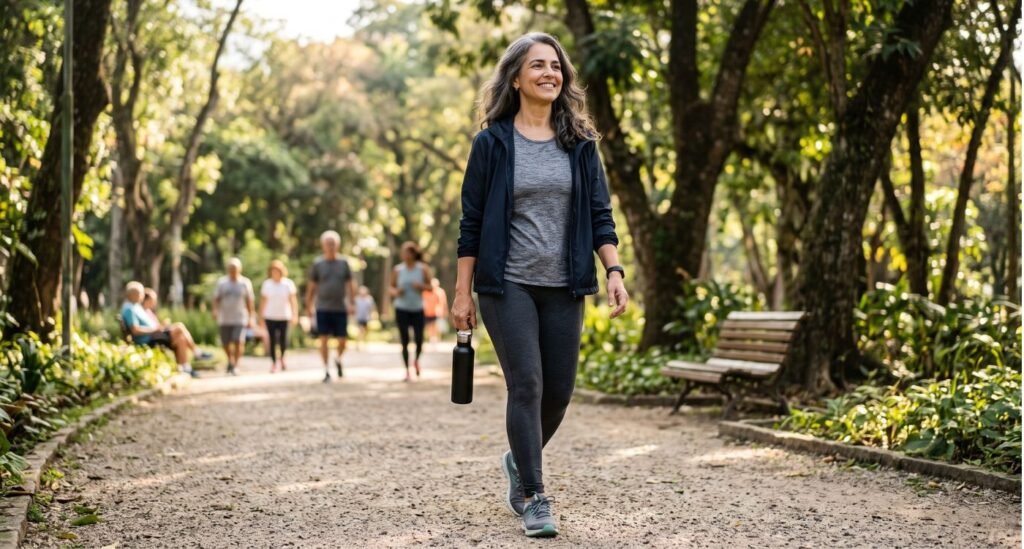 Mulher caminhando ao ar livre como parte dos cuidados com a saúde da mulher após os 40.