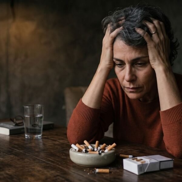 Mulher 40+ refletindo sobre tabagismo e menopausa e os impactos do cigarro sobre a saúde.