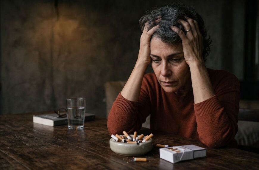 Mulher 40+ refletindo sobre tabagismo e menopausa e os impactos do cigarro sobre a saúde.