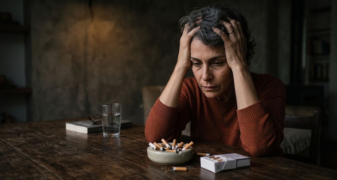 Mulher 40+ refletindo sobre tabagismo e menopausa e os impactos do cigarro sobre a saúde.