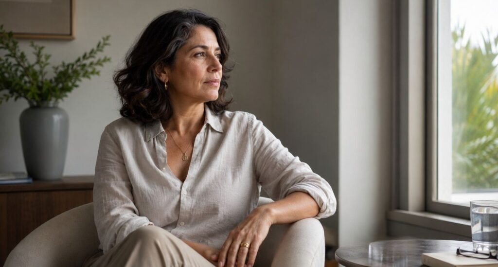 Mulher 40+ refletindo sobre tabagismo e menopausa e os impactos do cigarro sobre a saúde, após parar de fumar e se sentir melhor